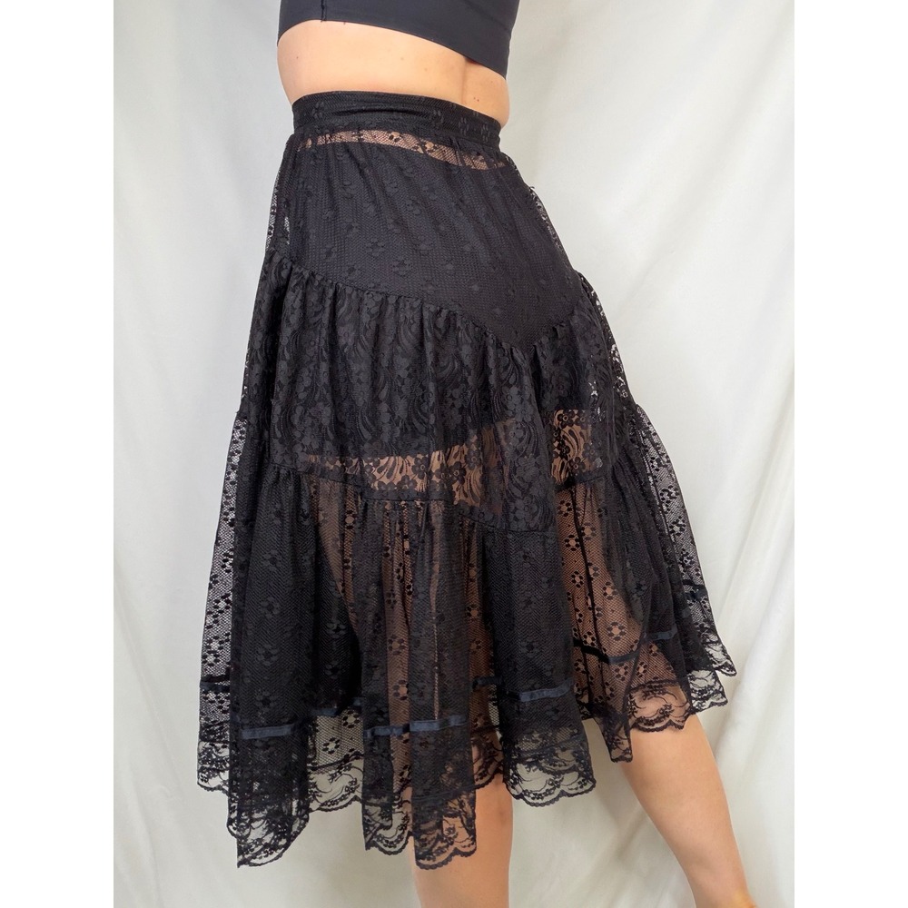 Vintage Black Sheer Patchwork Lace Tiered Midi Skirt Scalloped Hem Paris France - Picture 3 of 11